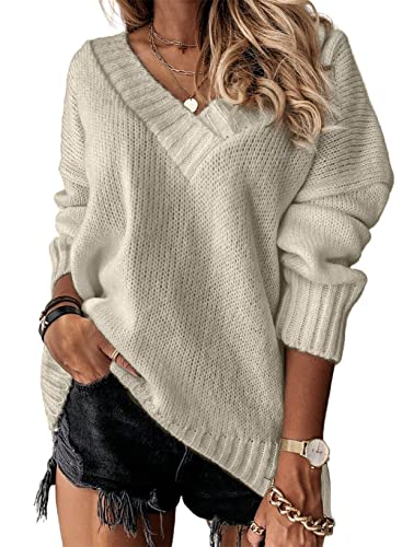 EVALESS Sweaters for Women Casual Deep V Neck Long Sleeve Oversized Sweater Fall Cable Knit Solid Color Jumper Loose Tunic Pullover Tops Khaki Medium