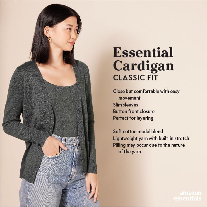 Amazon Essentials Women's Lightweight Vee Cardigan Sweater (Available in Plus Size), Charcoal Heather, X-Large