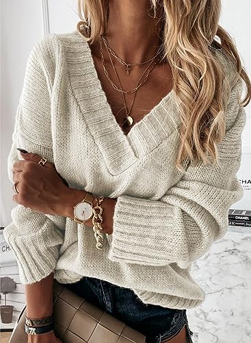 EVALESS Sweaters for Women Casual Deep V Neck Long Sleeve Oversized Sweater Fall Cable Knit Solid Color Jumper Loose Tunic Pullover Tops Khaki Medium