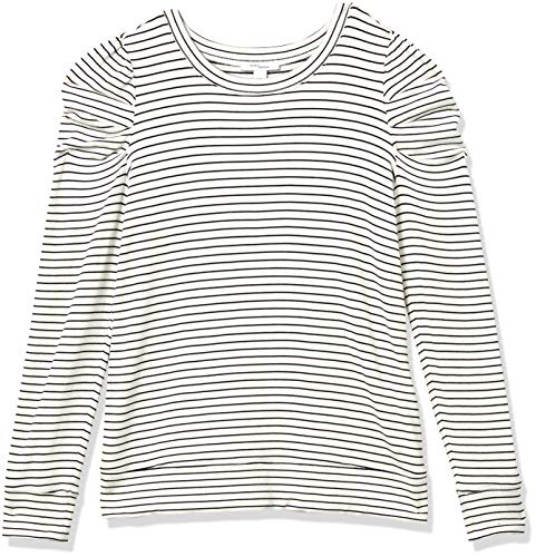Amazon Essentials Women's Supersoft Terry Pleated-Sleeve Sweatshirt (Previously Daily Ritual), White/Black, Stripe, X-Large