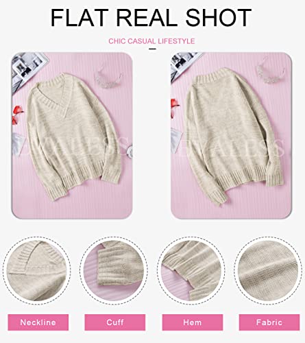EVALESS Sweaters for Women Casual Deep V Neck Long Sleeve Oversized Sweater Fall Cable Knit Solid Color Jumper Loose Tunic Pullover Tops Khaki Medium