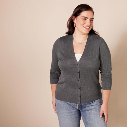 Amazon Essentials Women's Lightweight Vee Cardigan Sweater (Available in Plus Size), Charcoal Heather, X-Large