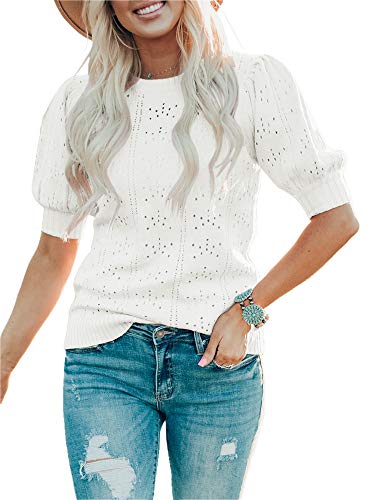 Foshow Womens Puff Short Sleeve Sweaters Tops Summer Soft Crew Neck Dot Pullover Shirt Lightweight Knit Sweater Blouse White