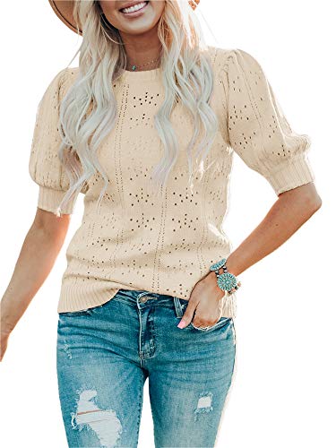 Foshow Womens Puff Short Sleeve Sweaters Tops Summer Soft Crew Neck Dot Pullover Shirt Lightweight Knit Sweater Blouse Apricot