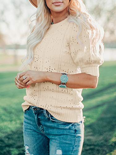 Foshow Womens Puff Short Sleeve Sweaters Tops Summer Soft Crew Neck Dot Pullover Shirt Lightweight Knit Sweater Blouse Apricot