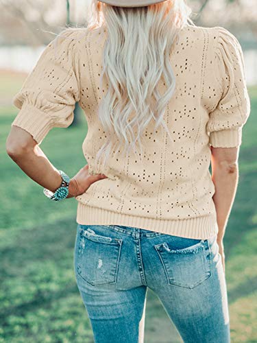 Foshow Womens Puff Short Sleeve Sweaters Tops Summer Soft Crew Neck Dot Pullover Shirt Lightweight Knit Sweater Blouse Apricot