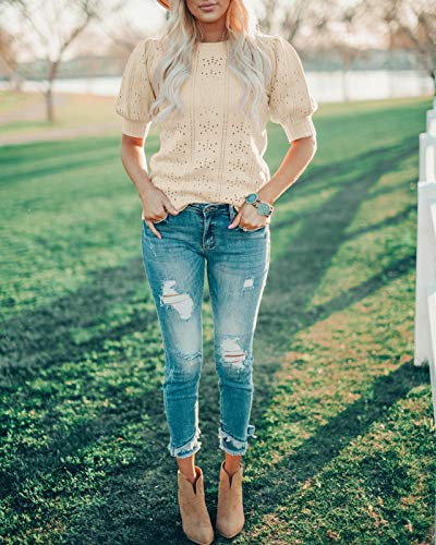 Foshow Womens Puff Short Sleeve Sweaters Tops Summer Soft Crew Neck Dot Pullover Shirt Lightweight Knit Sweater Blouse Apricot