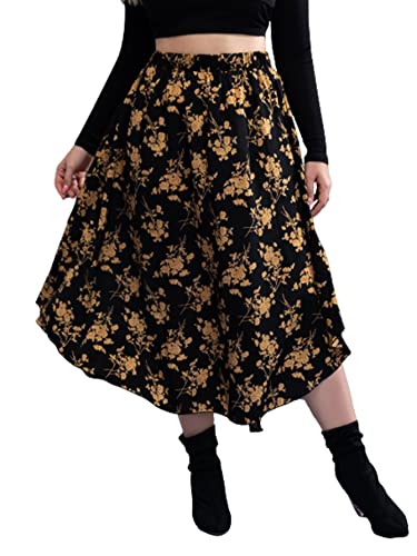 WDIRARA Women's Plus Size Floral Print Elastic Waisted Swing A Line Midi Skirt Multicolored 2XL
