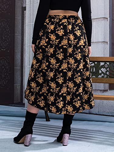 WDIRARA Women's Plus Size Floral Print Elastic Waisted Swing A Line Midi Skirt Multicolored 2XL