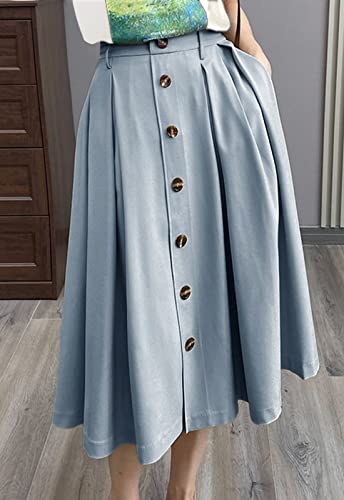 HERBATOMIA Pleated Elastic Waist Midi Skirt A-line Flared Button Front Long Casual Blue Skirts with Pocket for Women