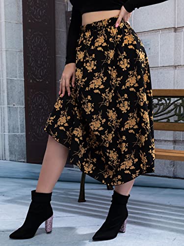 WDIRARA Women's Plus Size Floral Print Elastic Waisted Swing A Line Midi Skirt Multicolored 2XL