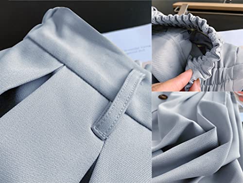 HERBATOMIA Pleated Elastic Waist Midi Skirt A-line Flared Button Front Long Casual Blue Skirts with Pocket for Women