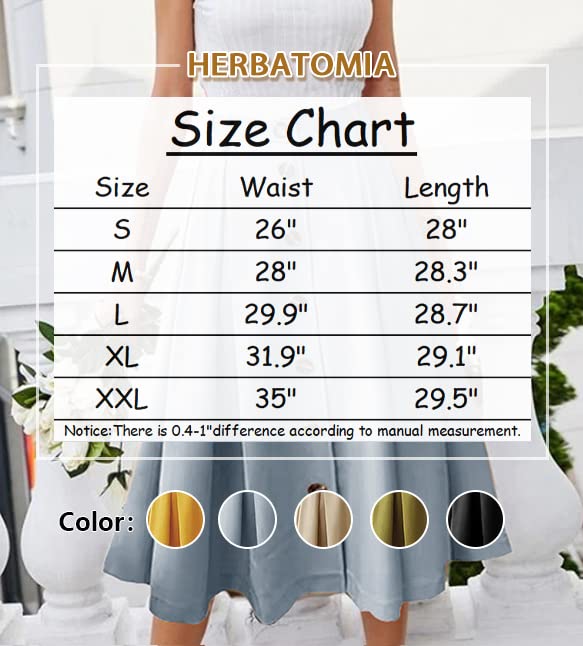 HERBATOMIA Pleated Elastic Waist Midi Skirt A-line Flared Button Front Long Casual Blue Skirts with Pocket for Women