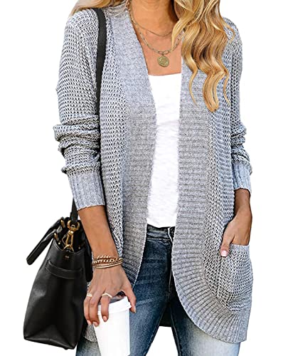 MEROKEETY Womens Long Sleeve Open Front Cardigans Chunky Knit Draped Sweaters Outwear A-Grey