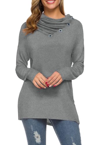 WEACZZY Women Long Sleeve Cowl Neck Loose Tunic Casual Top Fashionable Sweaters Gray M