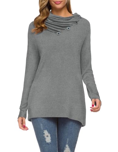 WEACZZY Women Long Sleeve Cowl Neck Loose Tunic Casual Top Fashionable Sweaters Gray M