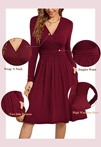 WEACZZY Casual Dresses for Women Long Sleeve Flowy Dress Empire Waist Winter Holiday Dresses with Pockets, Green, Small