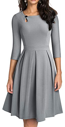 HOMEYEE Women's Classic Vintage Round Neck Key Hole Pleated A-Line Dress A223(6,Gray)