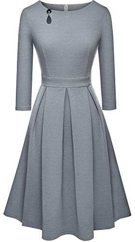 HOMEYEE Women's Classic Vintage Round Neck Key Hole Pleated A-Line Dress A223(6,Gray)