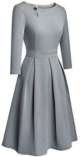 HOMEYEE Women's Classic Vintage Round Neck Key Hole Pleated A-Line Dress A223(6,Gray)