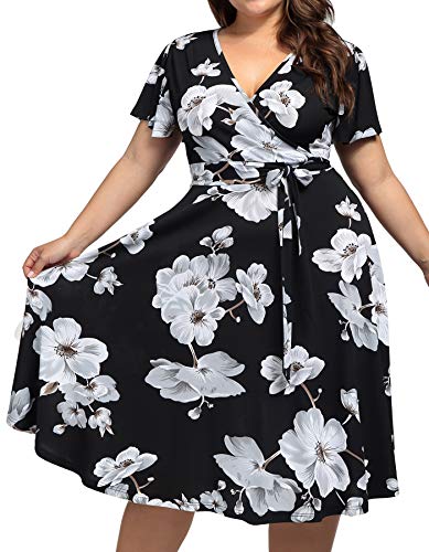 Womens Plus Size Retro Dresses,Kissmay Sexy V-Neck Dress for Plus Size Women Casual Summer Floral Printting Midi Dress with Pockets for Feminine 1930s Belted Prom Dress Evening Pageant Black White 18W