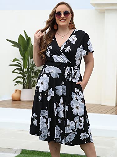 Womens Plus Size Retro Dresses,Kissmay Sexy V-Neck Dress for Plus Size Women Casual Summer Floral Printting Midi Dress with Pockets for Feminine 1930s Belted Prom Dress Evening Pageant Black White 18W