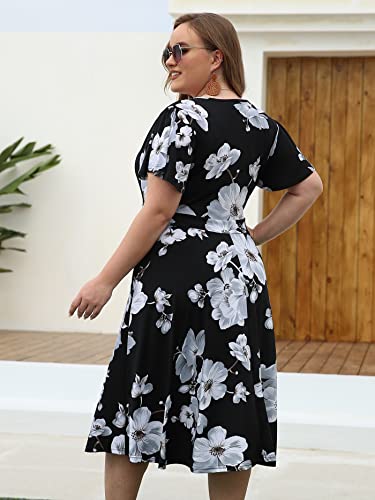 Womens Plus Size Retro Dresses,Kissmay Sexy V-Neck Dress for Plus Size Women Casual Summer Floral Printting Midi Dress with Pockets for Feminine 1930s Belted Prom Dress Evening Pageant Black White 18W