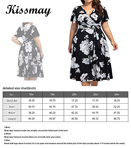 Womens Plus Size Retro Dresses,Kissmay Sexy V-Neck Dress for Plus Size Women Casual Summer Floral Printting Midi Dress with Pockets for Feminine 1930s Belted Prom Dress Evening Pageant Black White 18W