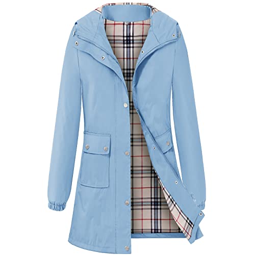 Adiwiid Rain Coat for women waterproof with Hood Lightweight Long Rain Jacket Outdoor Trench Windbreaker (M, Light Blue)