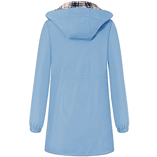 Adiwiid Rain Coat for women waterproof with Hood Lightweight Long Rain Jacket Outdoor Trench Windbreaker (M, Light Blue)