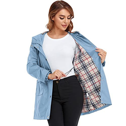 Adiwiid Rain Coat for women waterproof with Hood Lightweight Long Rain Jacket Outdoor Trench Windbreaker (M, Light Blue)