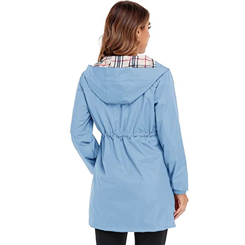 Adiwiid Rain Coat for women waterproof with Hood Lightweight Long Rain Jacket Outdoor Trench Windbreaker (M, Light Blue)