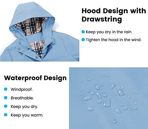 Adiwiid Rain Coat for women waterproof with Hood Lightweight Long Rain Jacket Outdoor Trench Windbreaker (M, Light Blue)