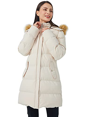 WenVen Women's Winter Thicken Puffer Coat Warm Jacket with Fur Hood (Beige, M)