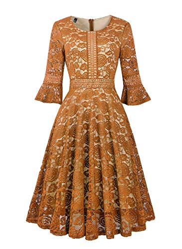 Wedding Guest Dresses for Women Vintage Bridesmaid Prom Lace Knee-Length Gown Church Dress with Sleeve Mustard Small