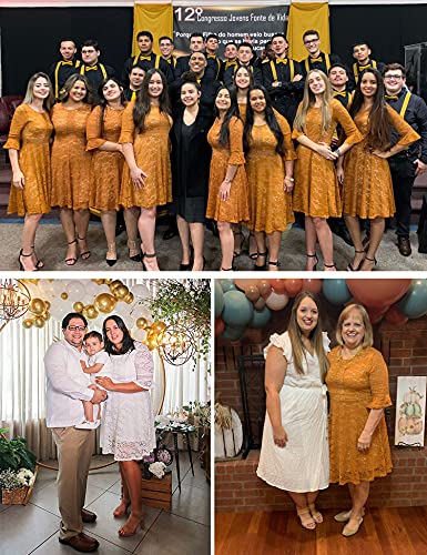 Wedding Guest Dresses for Women Vintage Bridesmaid Prom Lace Knee-Length Gown Church Dress with Sleeve Mustard Small