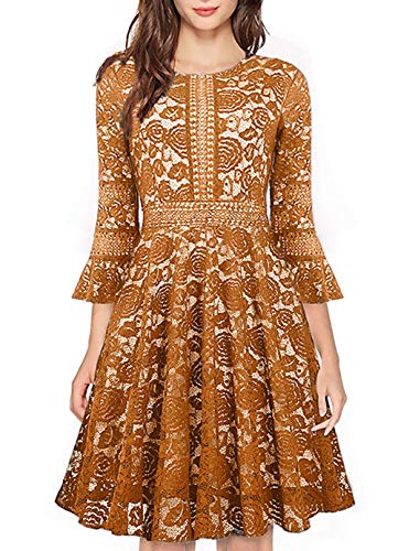 Wedding Guest Dresses for Women Vintage Bridesmaid Prom Lace Knee-Length Gown Church Dress with Sleeve Mustard Small