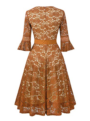 Wedding Guest Dresses for Women Vintage Bridesmaid Prom Lace Knee-Length Gown Church Dress with Sleeve Mustard Small