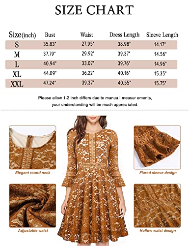 Wedding Guest Dresses for Women Vintage Bridesmaid Prom Lace Knee-Length Gown Church Dress with Sleeve Mustard Small