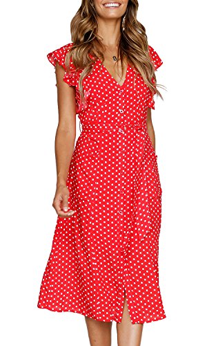 MITILLY Women's Boho Polka Dot Flutter Short Sleeve V Neck Button Down Swing Midi Dress with Pockets X-Large Red