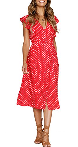 MITILLY Women's Boho Polka Dot Flutter Short Sleeve V Neck Button Down Swing Midi Dress with Pockets X-Large Red