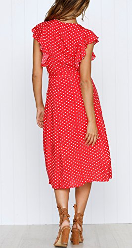 MITILLY Women's Boho Polka Dot Flutter Short Sleeve V Neck Button Down Swing Midi Dress with Pockets X-Large Red