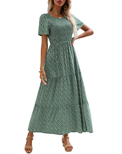 Zattcas Womens 2023 Spring Summer Casual Bohemian Boho Floral Long Smocked Tiered Maxi Dresses Short Sleeve Modest Work Flowy Church Maternity Wedding Guest Dress Green S