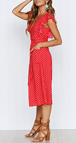 MITILLY Women's Boho Polka Dot Flutter Short Sleeve V Neck Button Down Swing Midi Dress with Pockets X-Large Red