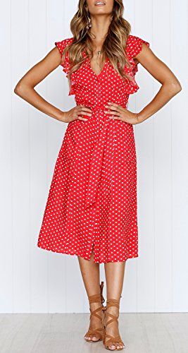 MITILLY Women's Boho Polka Dot Flutter Short Sleeve V Neck Button Down Swing Midi Dress with Pockets X-Large Red