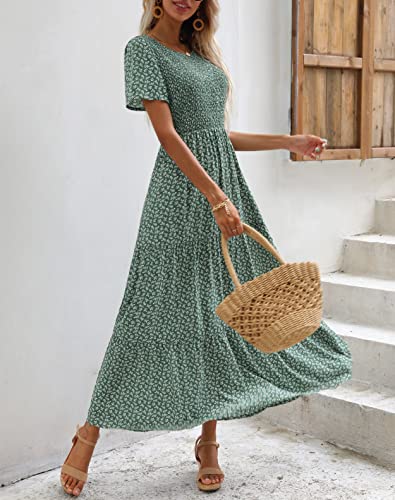 Zattcas Womens 2023 Spring Summer Casual Bohemian Boho Floral Long Smocked Tiered Maxi Dresses Short Sleeve Modest Work Flowy Church Maternity Wedding Guest Dress Green S