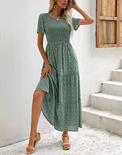 Zattcas Womens 2023 Spring Summer Casual Bohemian Boho Floral Long Smocked Tiered Maxi Dresses Short Sleeve Modest Work Flowy Church Maternity Wedding Guest Dress Green S