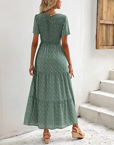 Zattcas Womens 2023 Spring Summer Casual Bohemian Boho Floral Long Smocked Tiered Maxi Dresses Short Sleeve Modest Work Flowy Church Maternity Wedding Guest Dress Green S