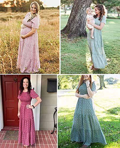 Zattcas Womens 2023 Spring Summer Casual Bohemian Boho Floral Long Smocked Tiered Maxi Dresses Short Sleeve Modest Work Flowy Church Maternity Wedding Guest Dress Green S