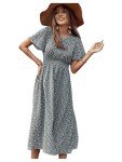 Floerns Women's Short Sleeve Boho Floral Dress A Line Smocked Midi Dress A Green Multi S